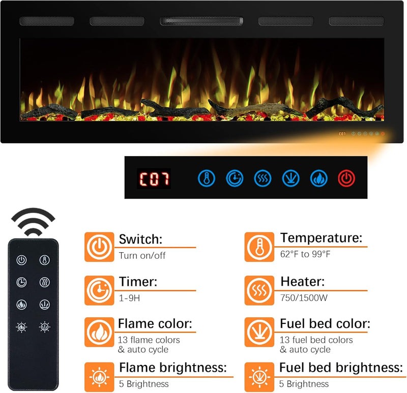 Wifi Electric Fireplace Inserts Recessed and Wall