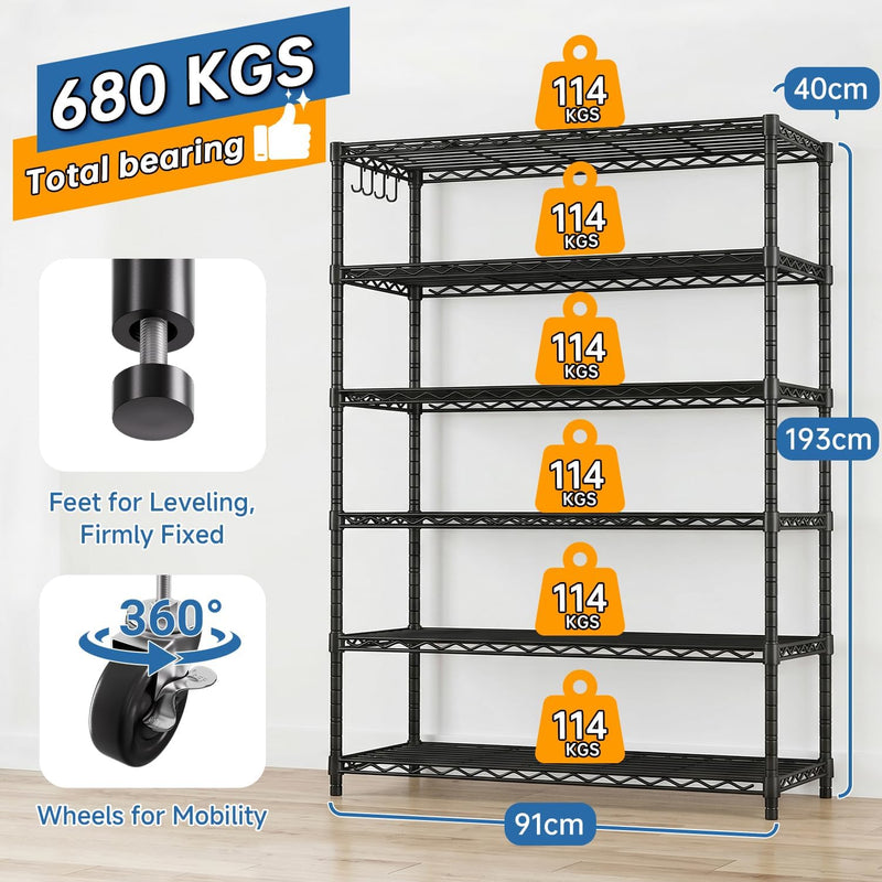 91x40x193CM 6-Tier Heavy Duty Metal Shelving with Wheels