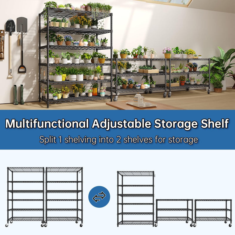 91x40x193CM 6-Tier Heavy Duty Metal Shelving with Wheels