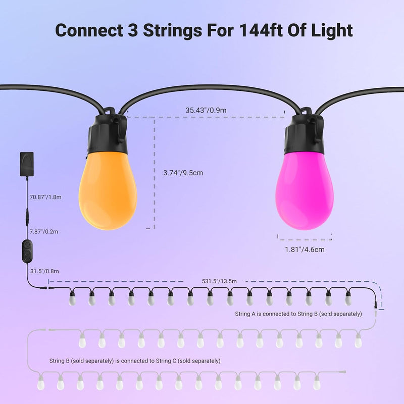 96FT Outdoor String Lights App Control Smart Ai
