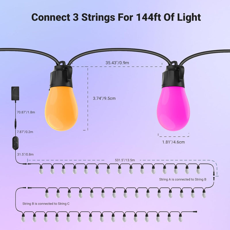 96FT Outdoor String Lights App Control Smart Ai
