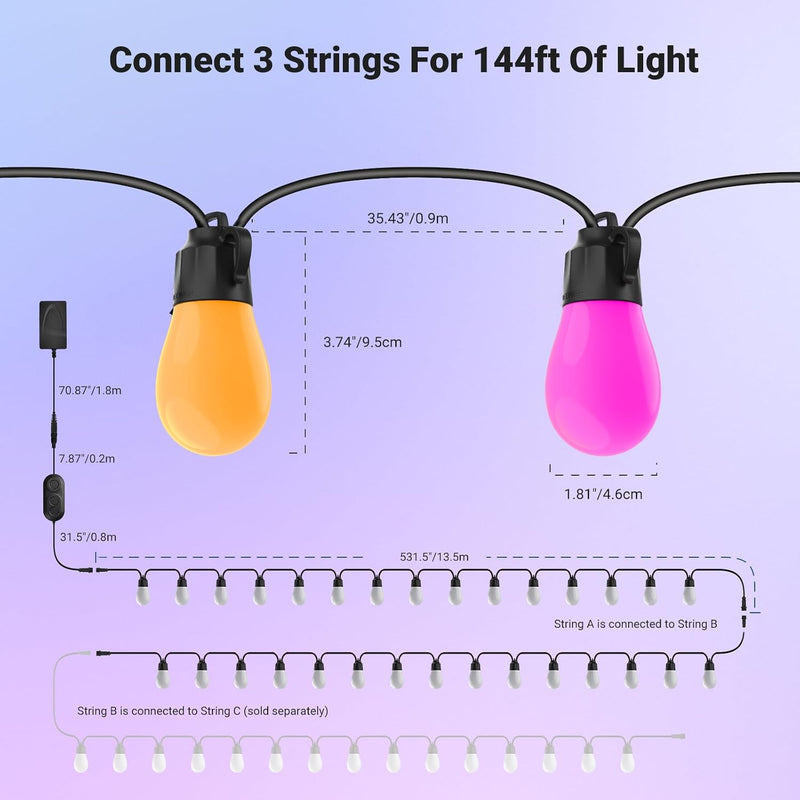 96FT Outdoor String Lights App Control Smart Ai
