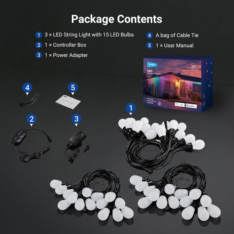 96FT Outdoor String Lights App Control Smart Ai
