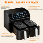 9L Dual Air Fryer with 2 Independent 4.5L