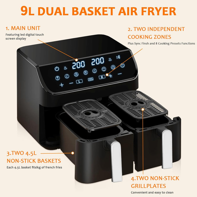 9L Dual Air Fryer with 2 Independent 4.5L
