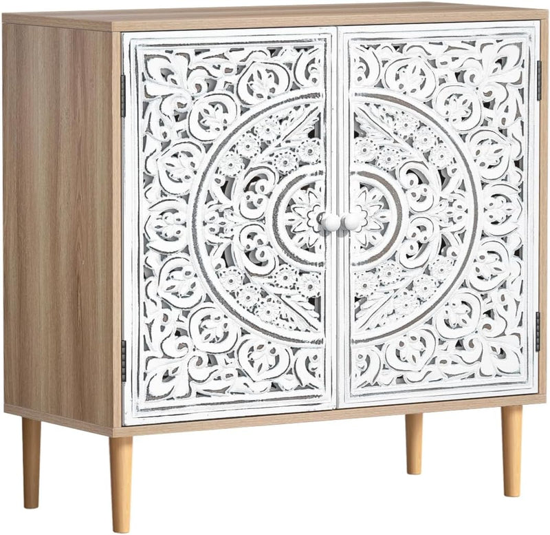 Accent Cabinet with 2 Doors Carved Storage Adjustable