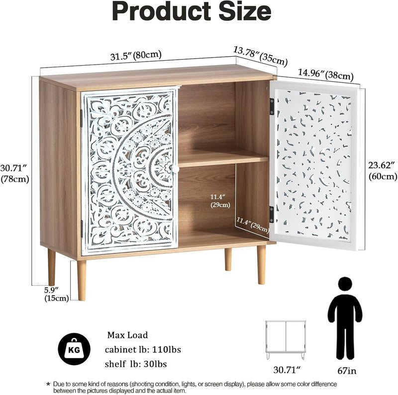 Accent Cabinet with 2 Doors Carved Storage Adjustable