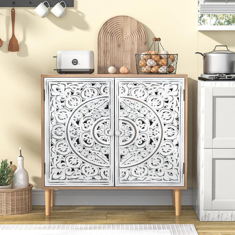 Accent Cabinet with 2 Doors Carved Storage Adjustable