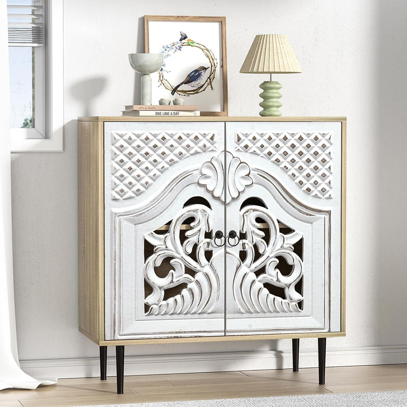 Accent Cabinet with 2 Doors Carved Storage Adjustable
