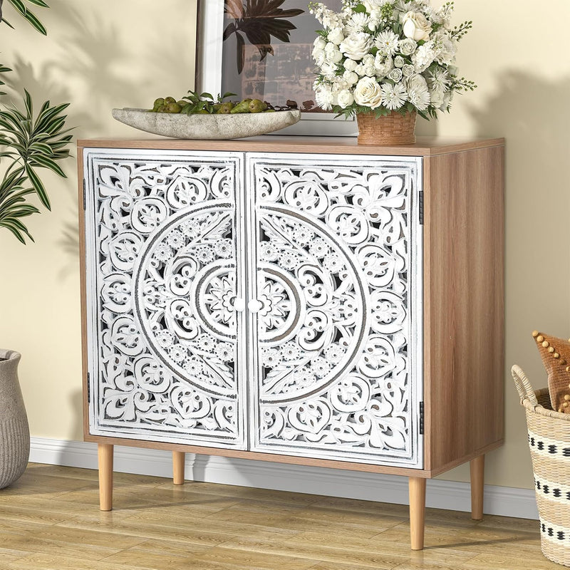 Accent Cabinet with 2 Doors Carved Storage Adjustable