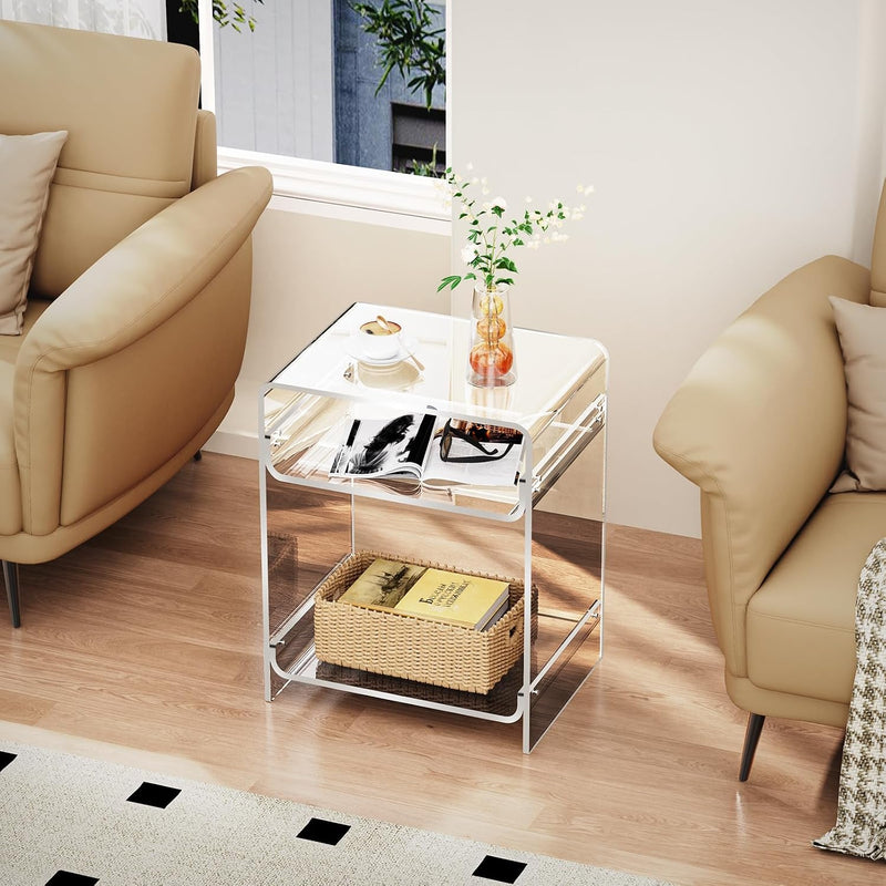 Acrylic End Table with Storage Shelf Clear Side