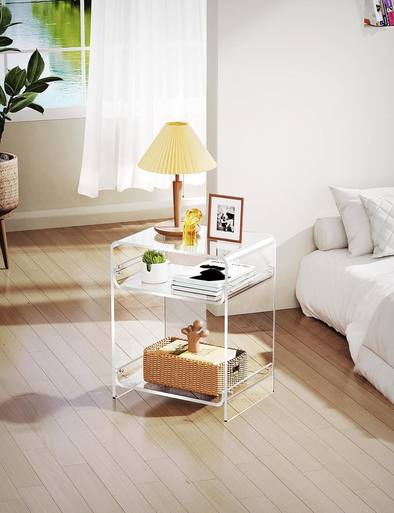 Acrylic End Table with Storage Shelf Clear Side