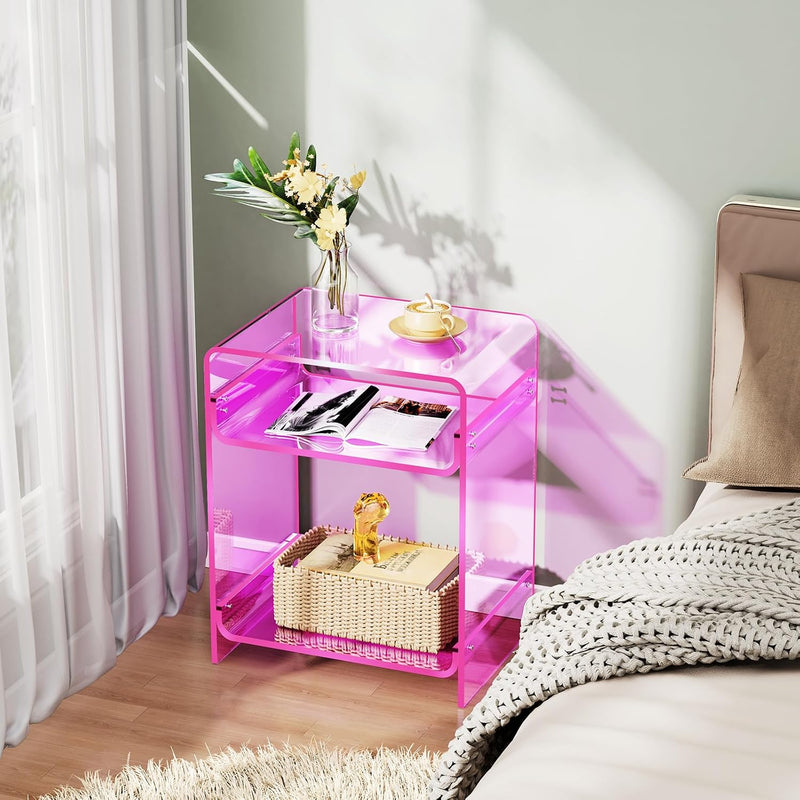 Acrylic End Table with Storage Shelf Clear Side