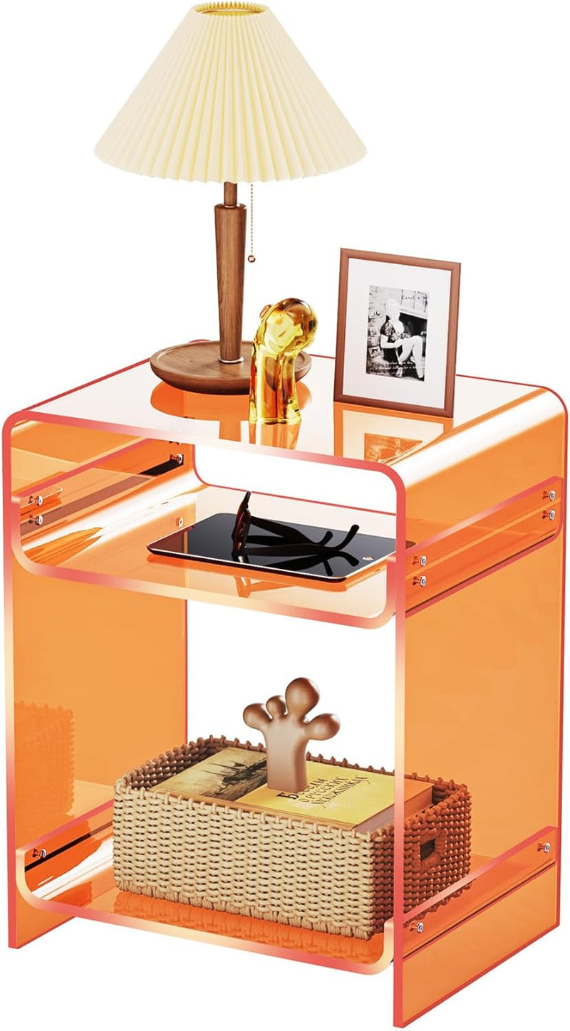 Acrylic End Table with Storage Shelf Clear Side