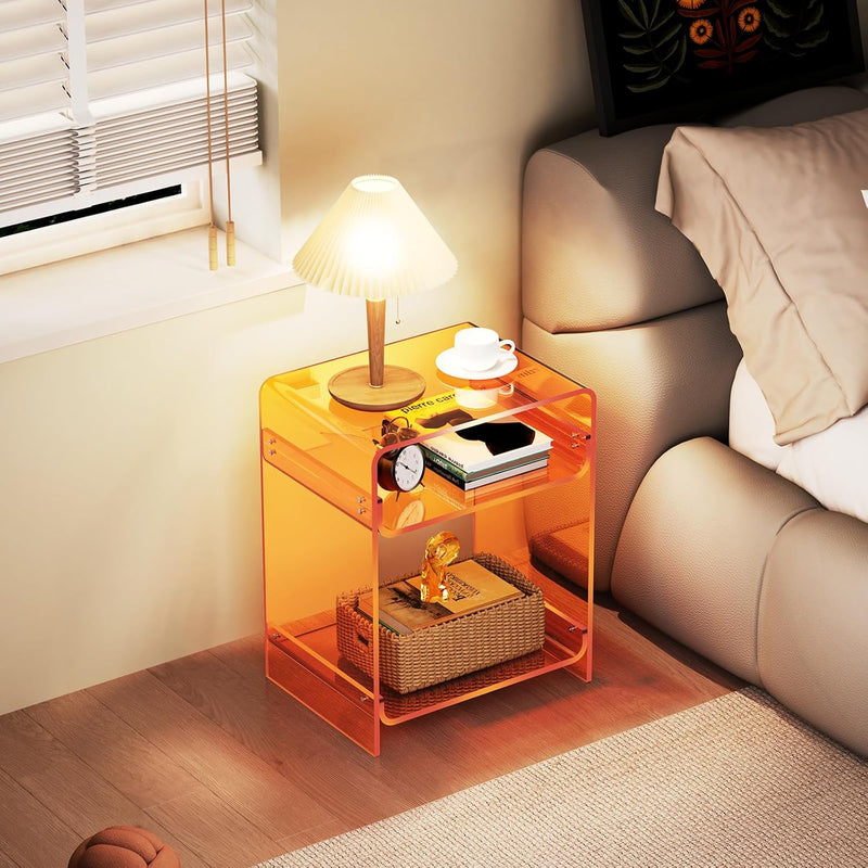Acrylic End Table with Storage Shelf Clear Side