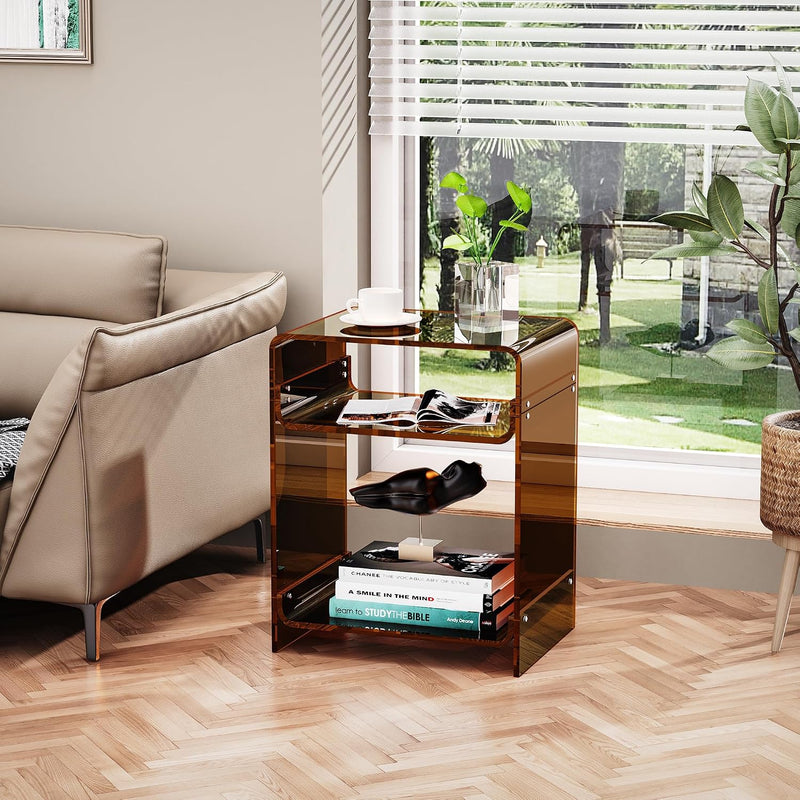 Acrylic End Table with Storage Shelf Clear Side