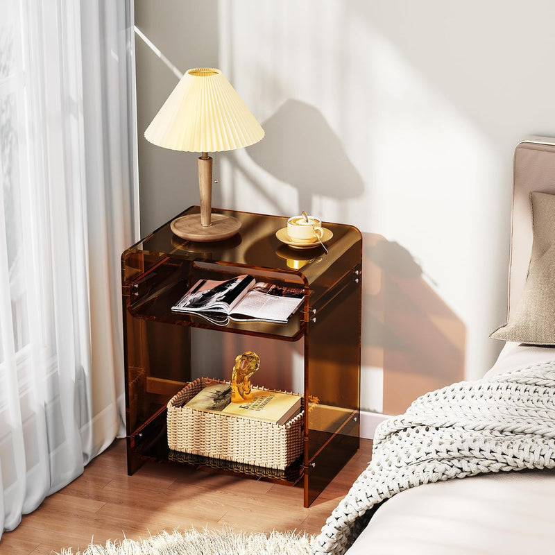 Acrylic End Table with Storage Shelf Clear Side