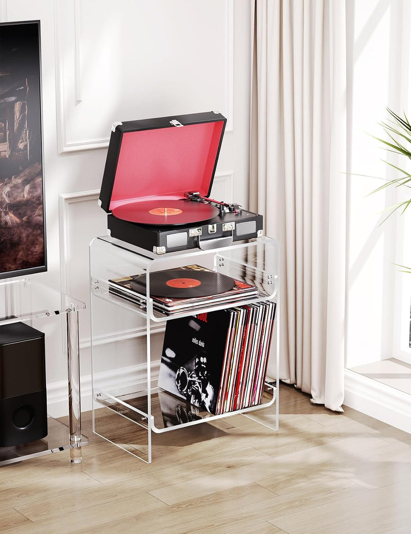 Acrylic Record Player Table with Storage Shelf Clear