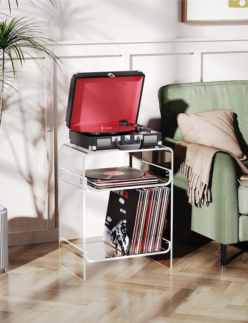 Acrylic Record Player Table with Storage Shelf Clear