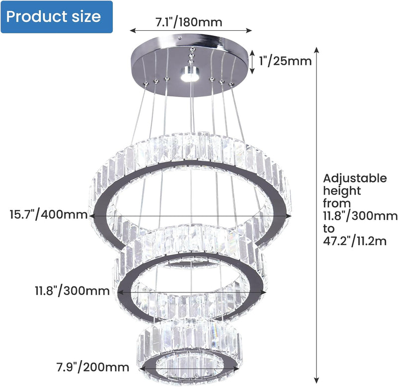 Adjustable 3 Ring Crystal Pendant Chandelier Cool Hanging