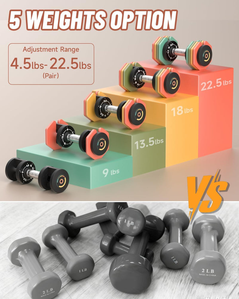 Adjustable Dumbbells Set 22.5lb Pair 1-Sec Fast