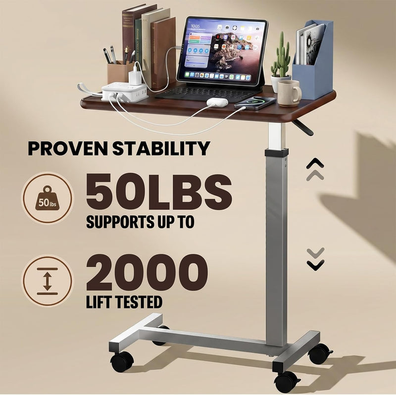 Adjustable Overbed Table with Wheels Bedside Rolling Pneumatic