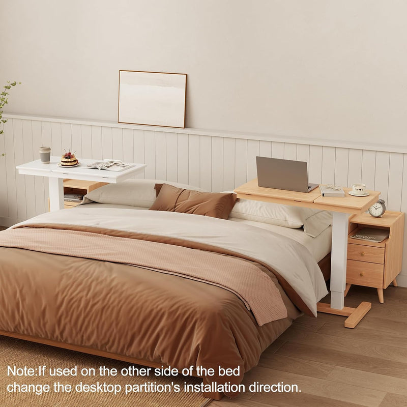 Adjustable Overbed Table with Wheels Solid Wood Split