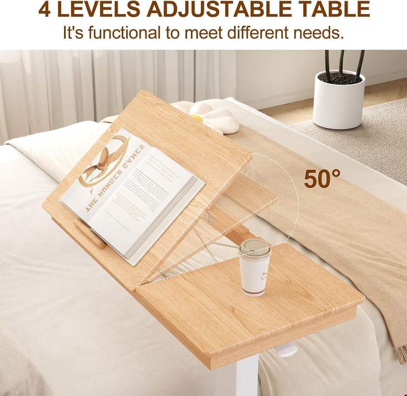 Adjustable Overbed Table with Wheels Solid Wood Split