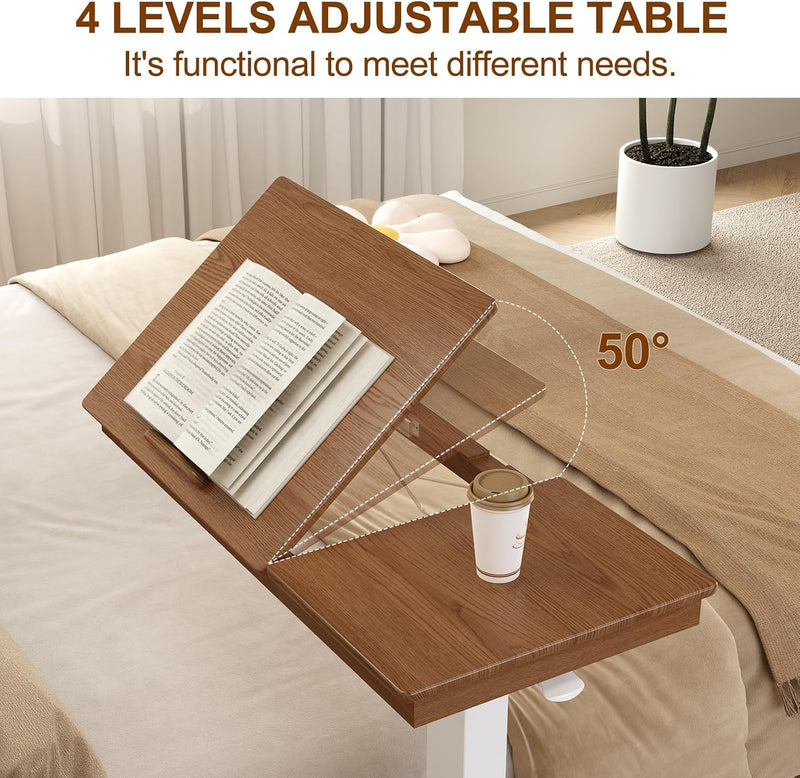 Adjustable Overbed Table with Wheels Solid Wood Split