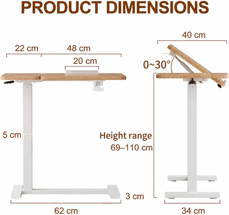 Adjustable Overbed Table Wood Sofa Side with Wheels