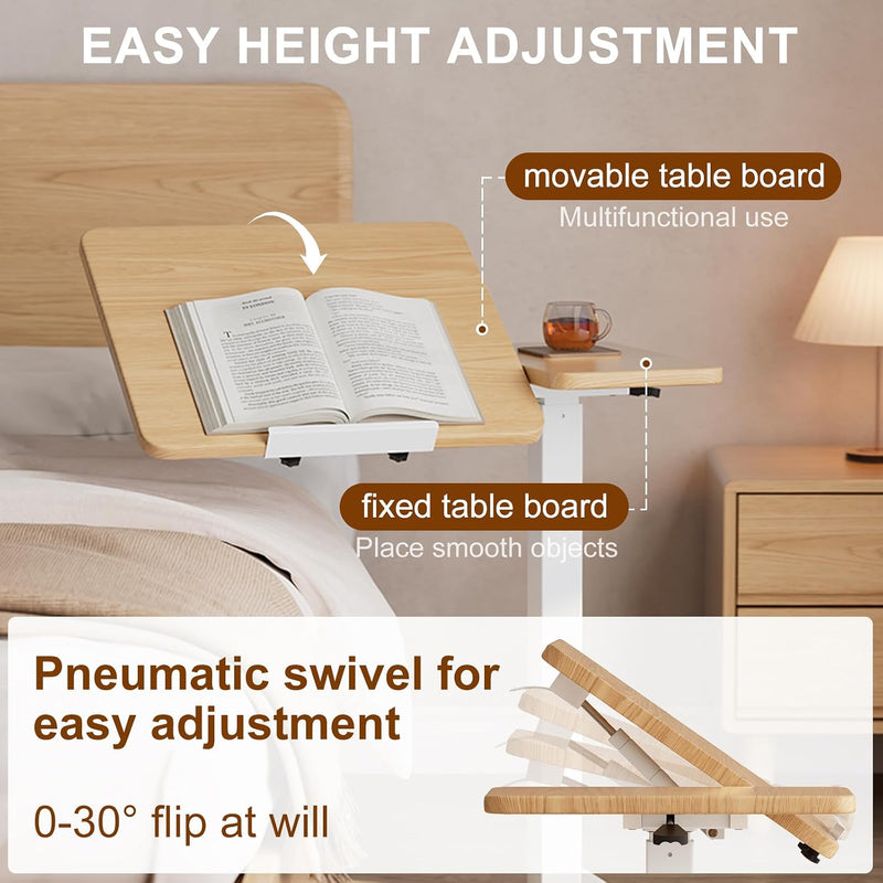 Adjustable Overbed Table Wood Sofa Side with Wheels