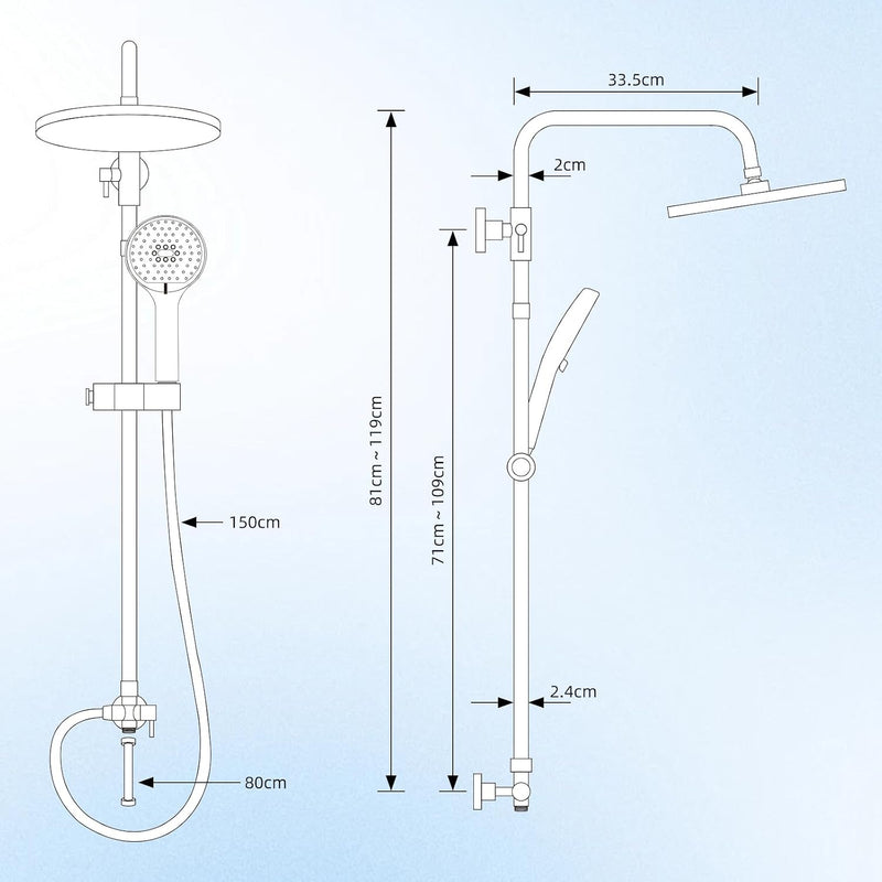 Adjustable Shower Riser Rail Kit with 10" Self-Cleaning