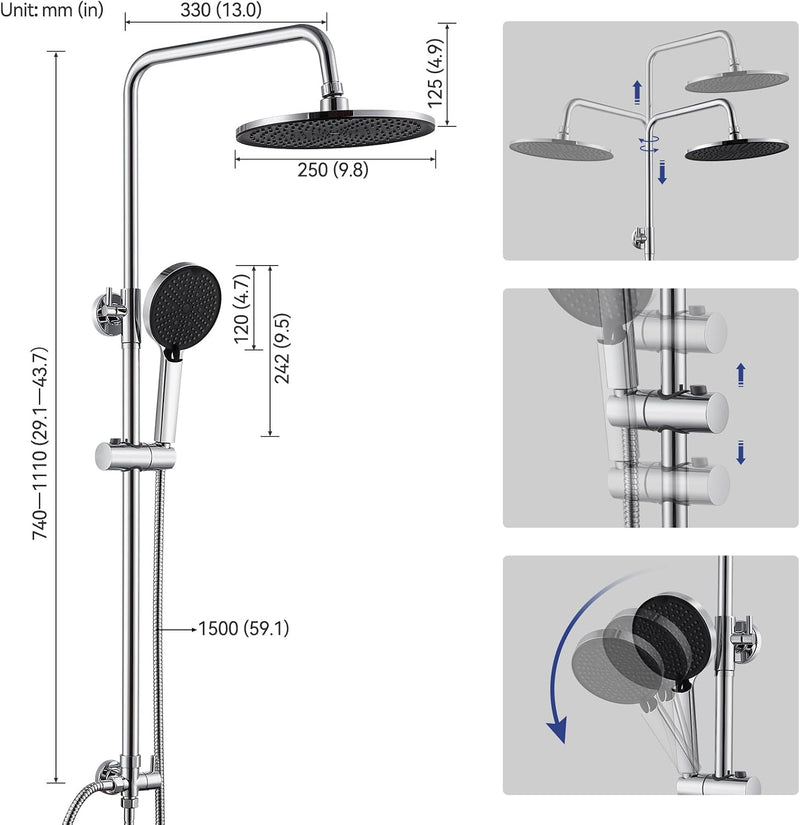 Adjustable Shower Riser Rail Kit with 10" Square