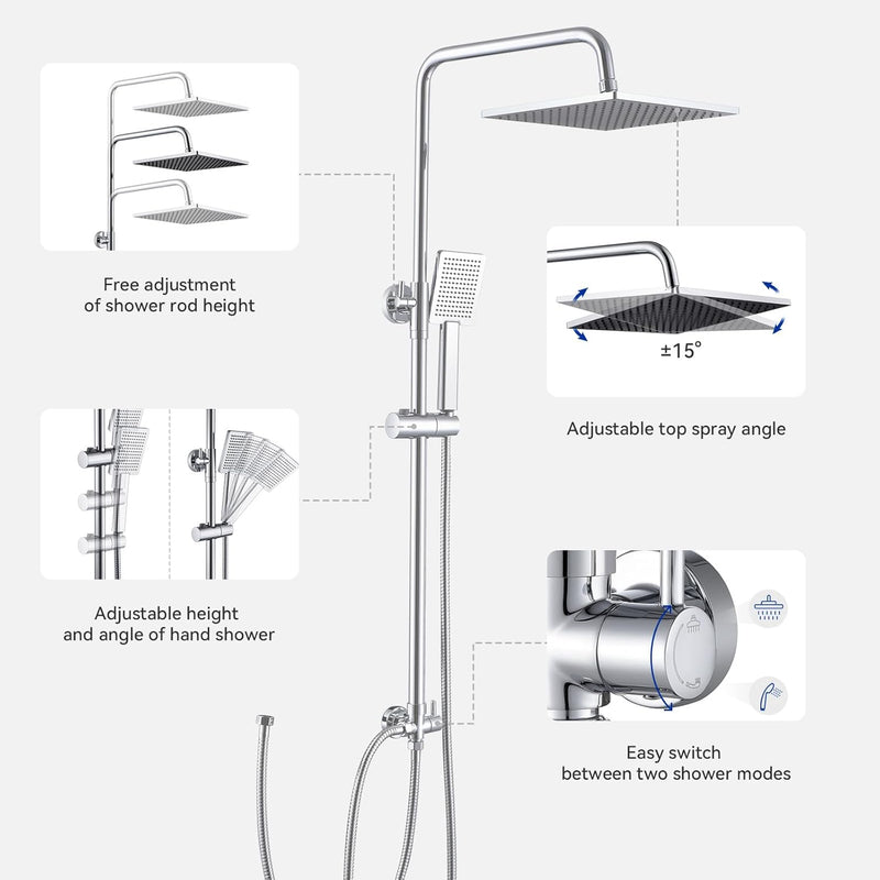 Adjustable Shower Riser Rail Kit with 10" Square