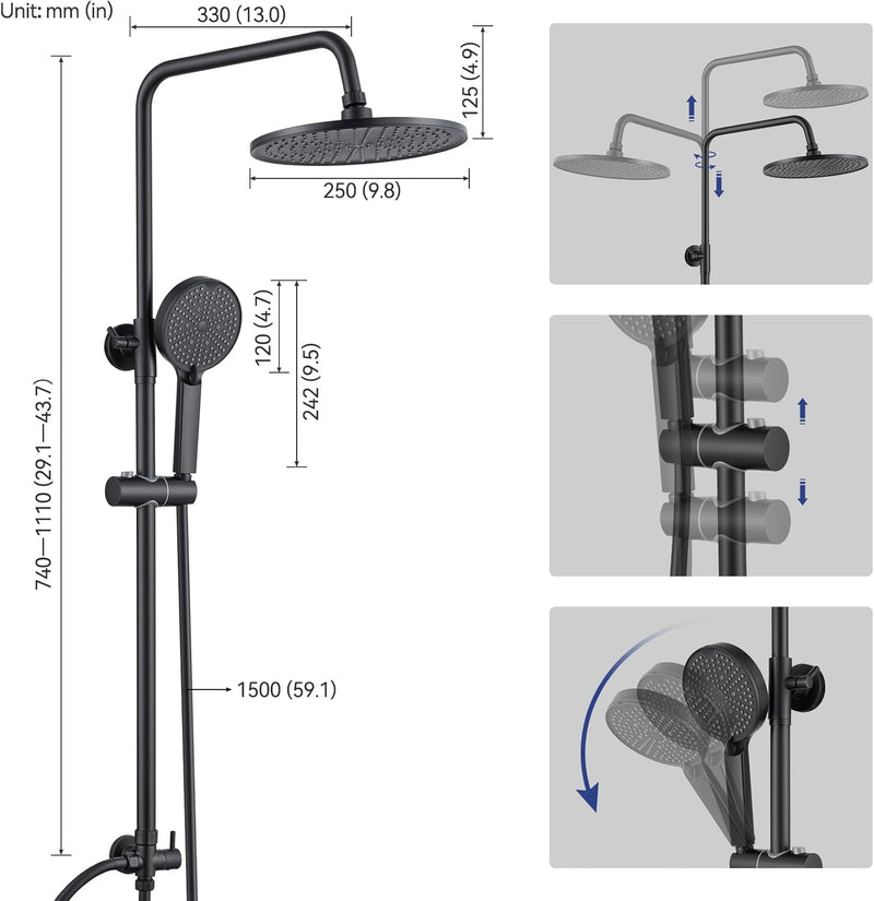 Adjustable Shower Riser Rail Kit with 10" Square