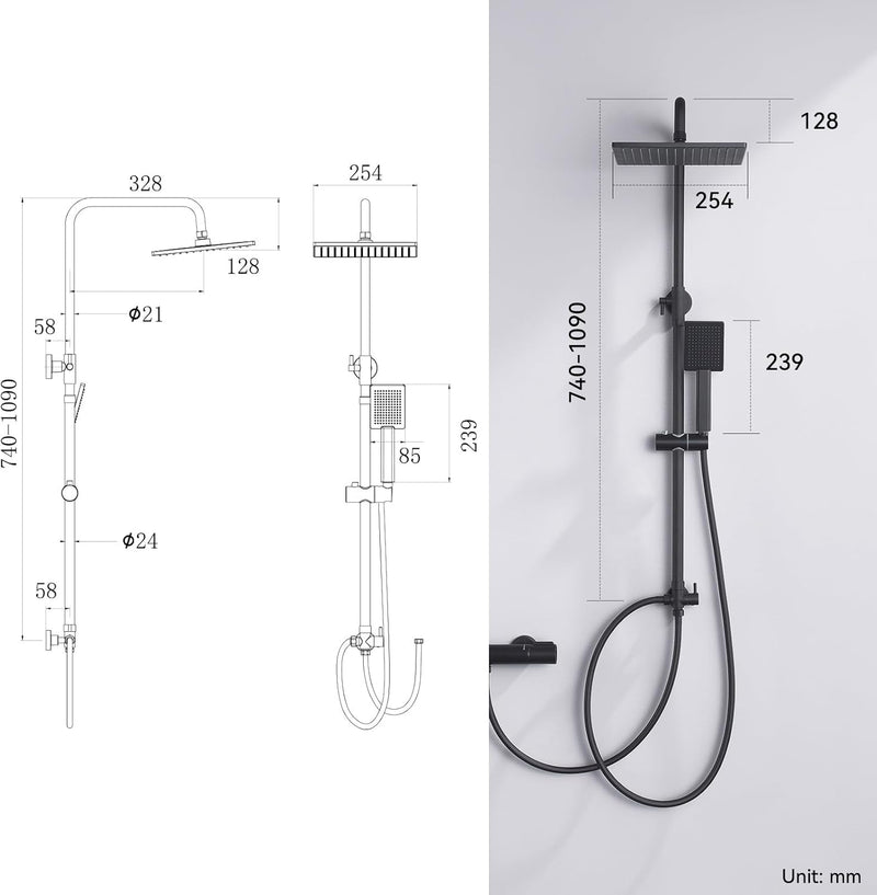Adjustable Shower Riser Rail Kit with 10" Square