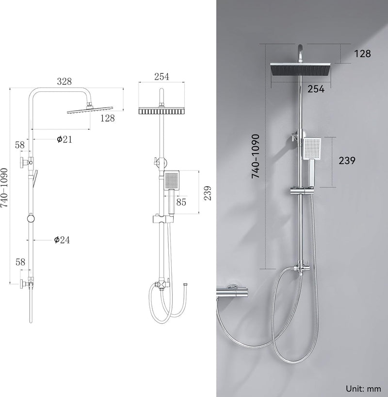 Adjustable Shower Riser Rail Kit with 10" Square