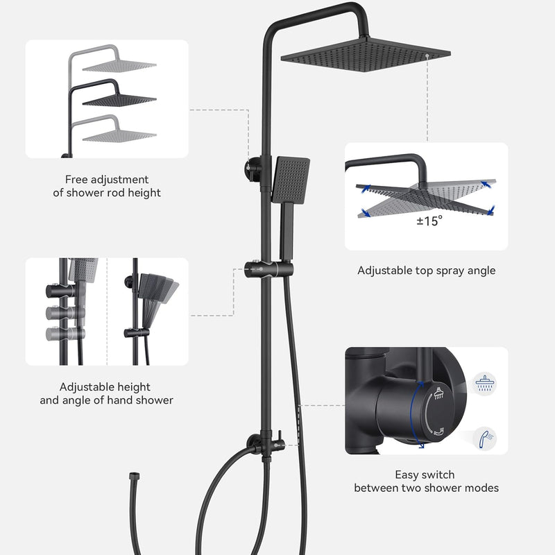 Adjustable Shower Riser Rail Kit with 10" Square