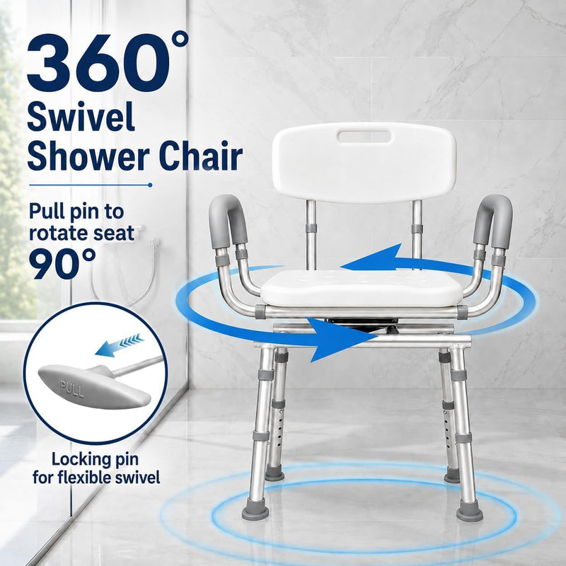 Adjustable Swivel Shower Chair with Arms and Back