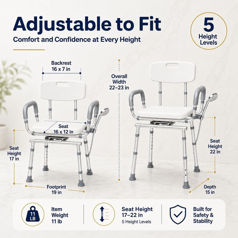 Adjustable Swivel Shower Chair with Arms and Back