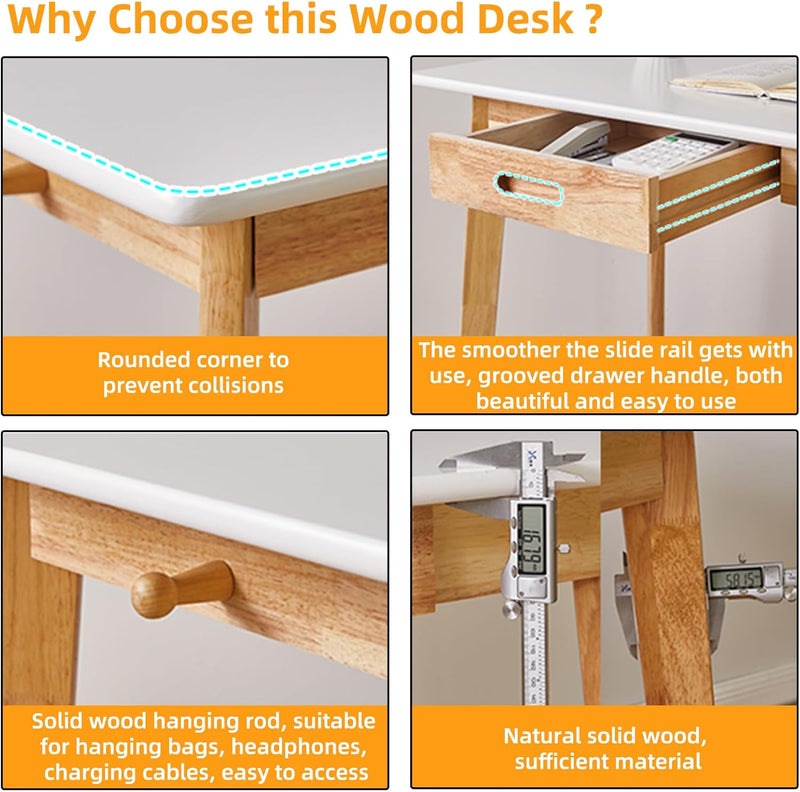 Wood Writing Desk with Drawer and Hanging Rod