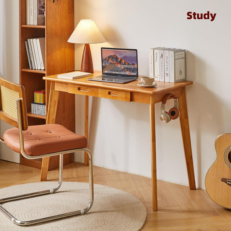 Wood Writing Desk with Drawer and Hanging Rod