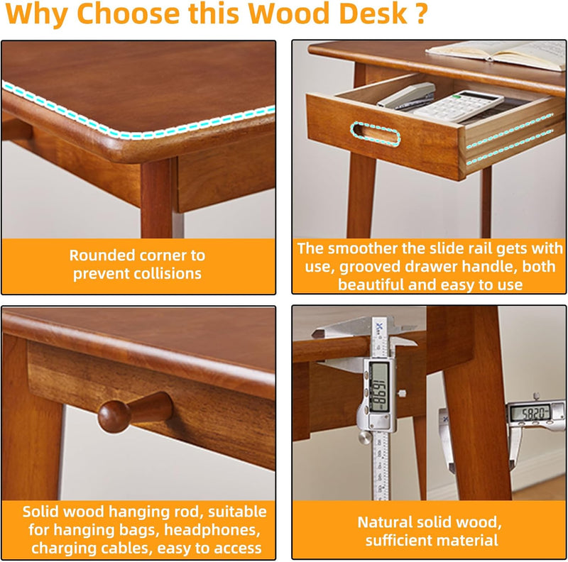 Wood Writing Desk with Drawer and Hanging Rod