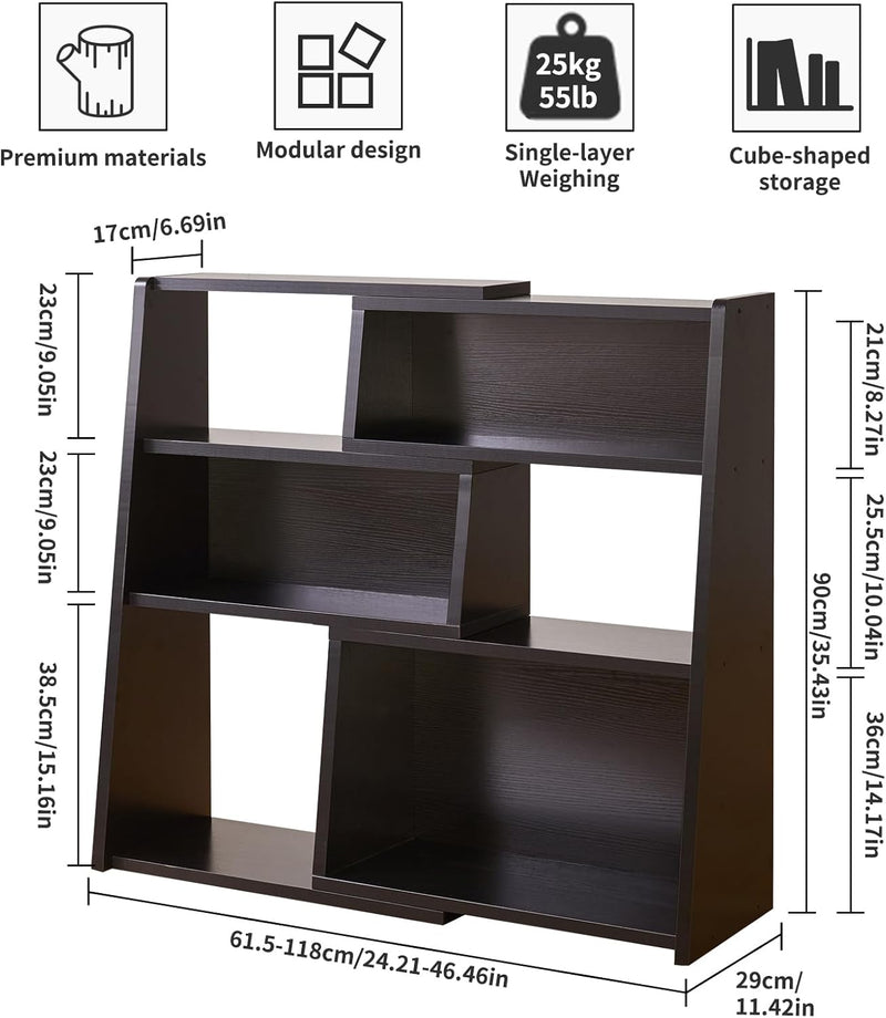 Wooden Expandable Bookcase 3-Tier Storage Shelf with 6