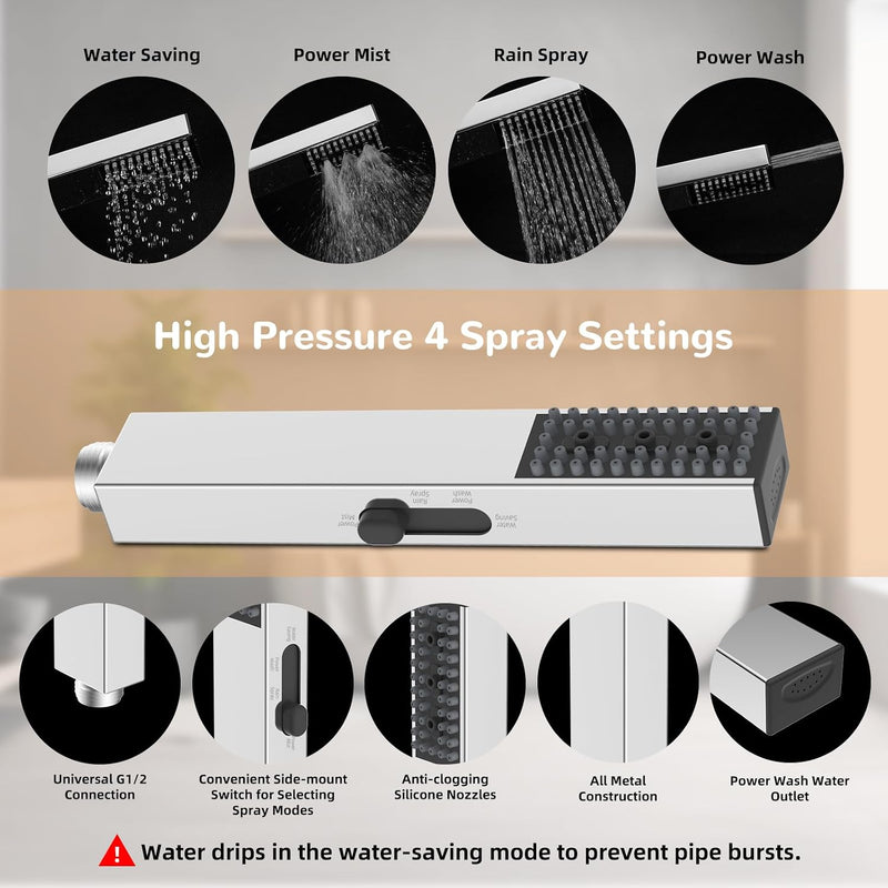 All Metal Rainfall Shower Set 4 Modes Handheld