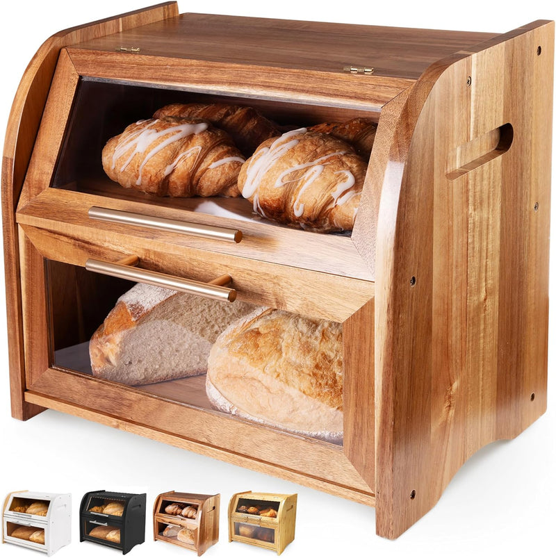 Arise Acacia Wooden Bread Bin for Kitchen Countertop