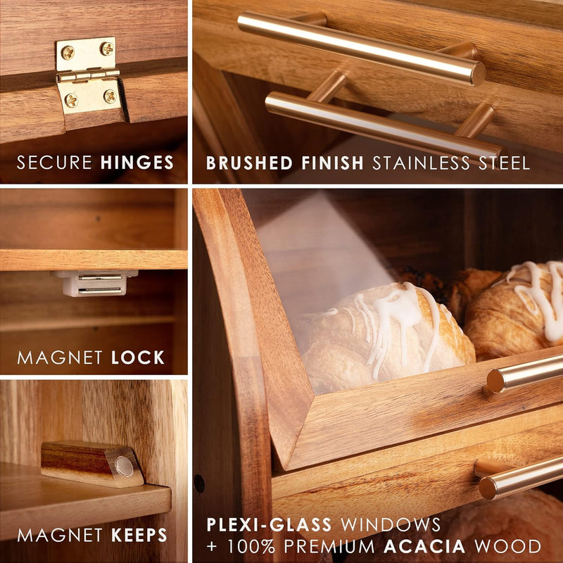 Arise Acacia Wooden Bread Bin for Kitchen Countertop
