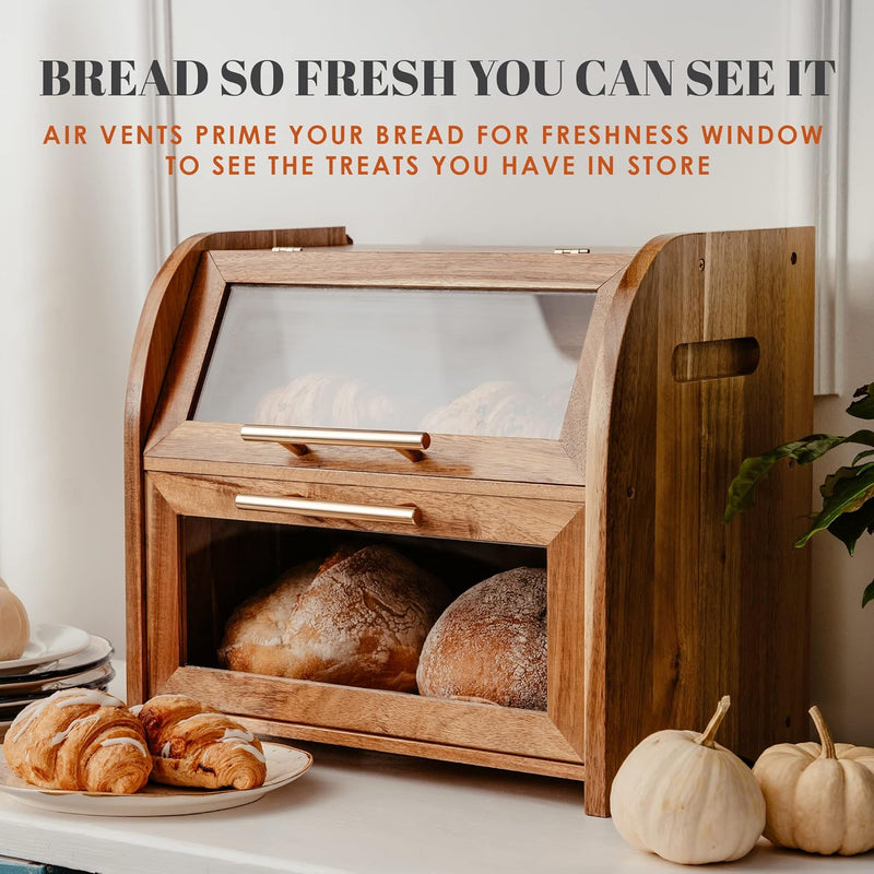 Arise Acacia Wooden Bread Bin for Kitchen Countertop