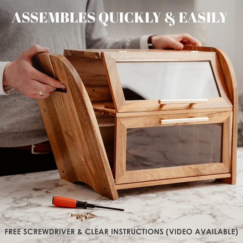 Arise Acacia Wooden Bread Bin for Kitchen Countertop