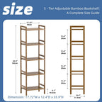 Bamboo Bookshelf 5-Tier Skinny Bookcase with Adjustable Shelves